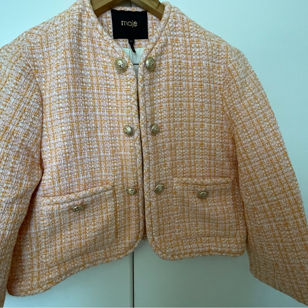 Maje Pastel Tweed Jacket with Gold Buttons